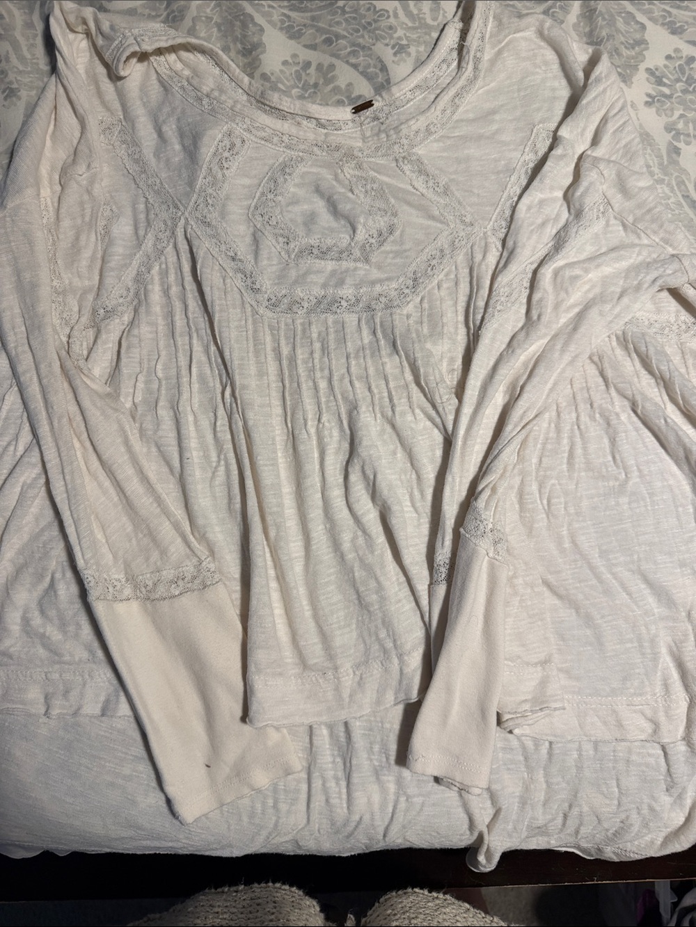 Free People Cream Lace-Paneled Long Sleeve Boho Top